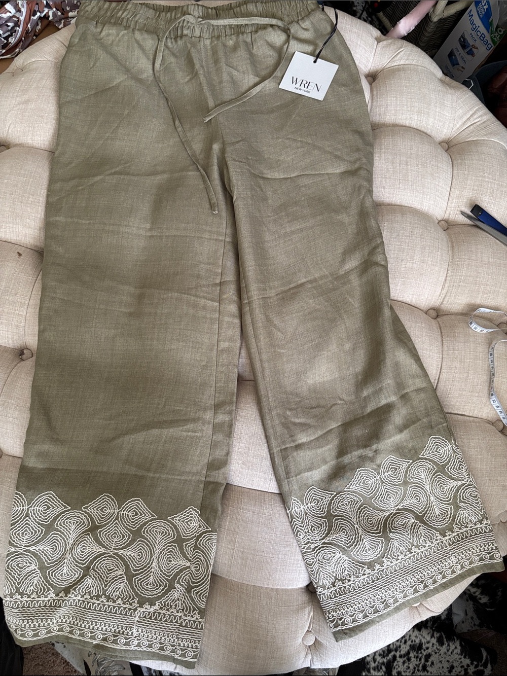 Wren Olive Green Wide-Leg Pants with Embroidered Hem
